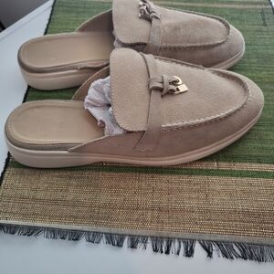 Women Slip On Suede Mules Round Toe Casual Slippers Metal Tan Suede Loafers